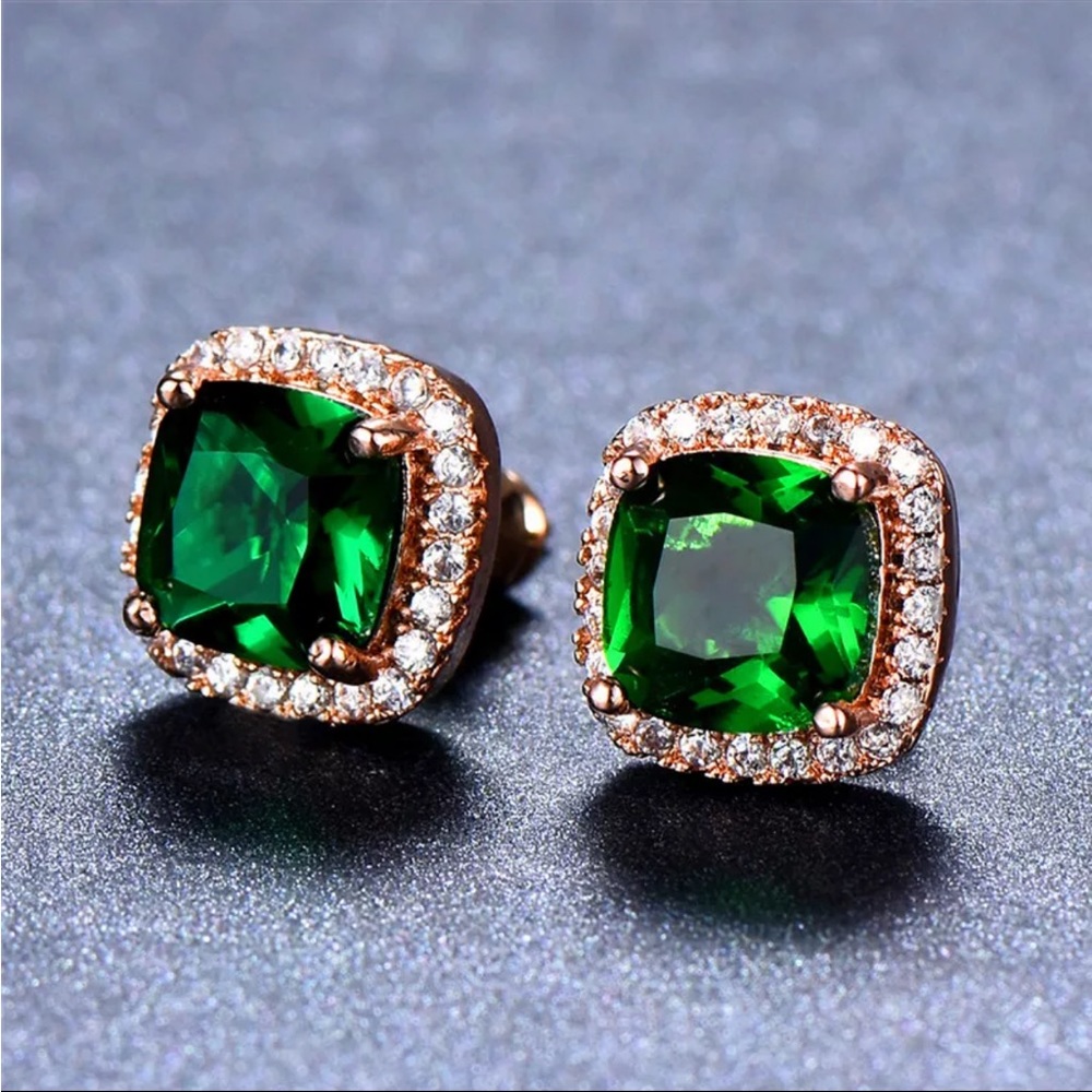 New Rose Gold Plated Emerald Earrings - Picture 1 of 4
